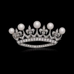 Signed Marcus & Co. Natural Pearl & Old European Platinum Crown Brooch