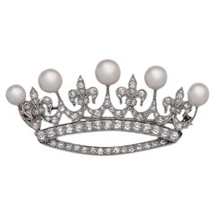 Signed Marcus & Co. Natural Pearl & Old European Platinum Crown Brooch