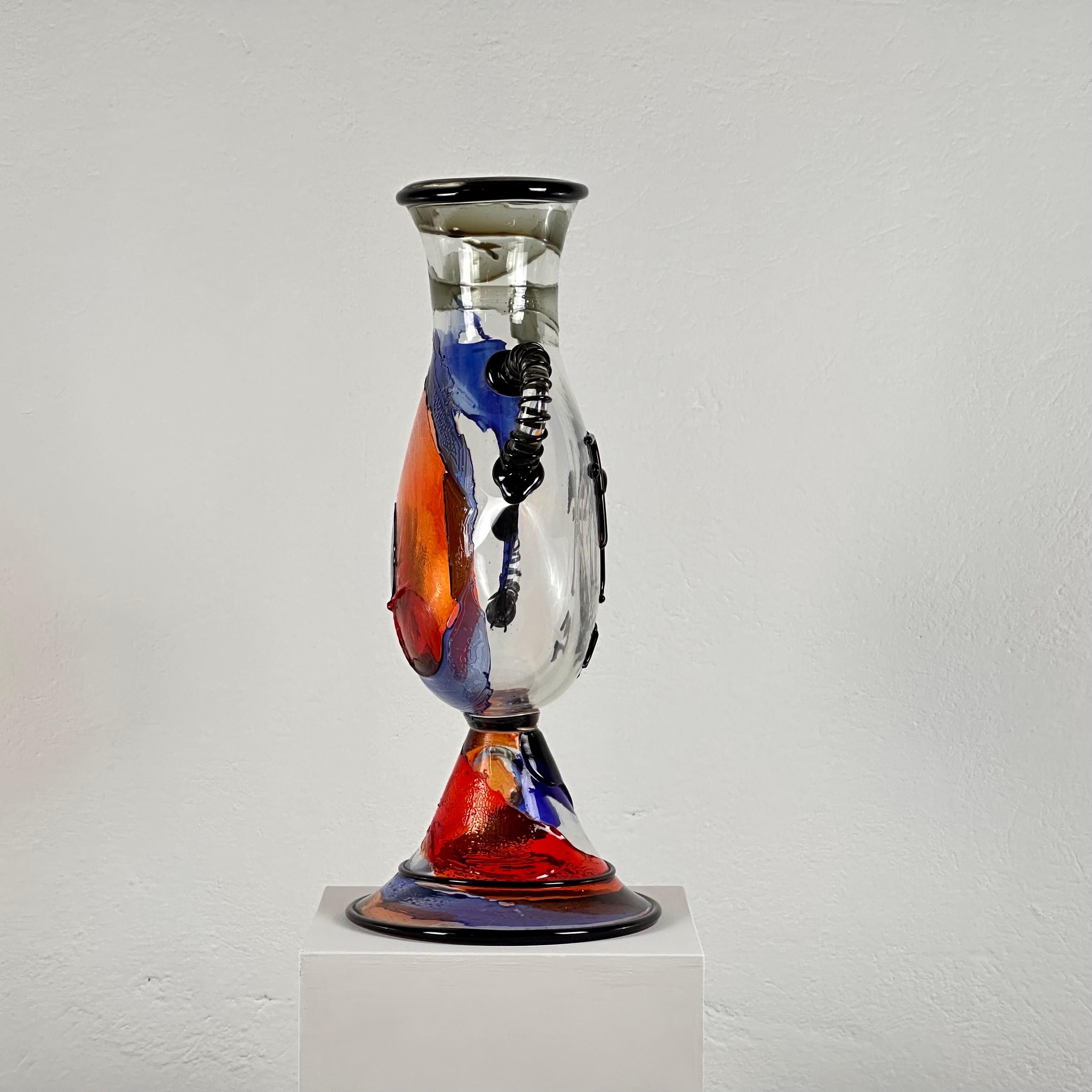 Italian Signed Mario Badioli Picasso's Face Big Vase in Murano Glass, 1990s