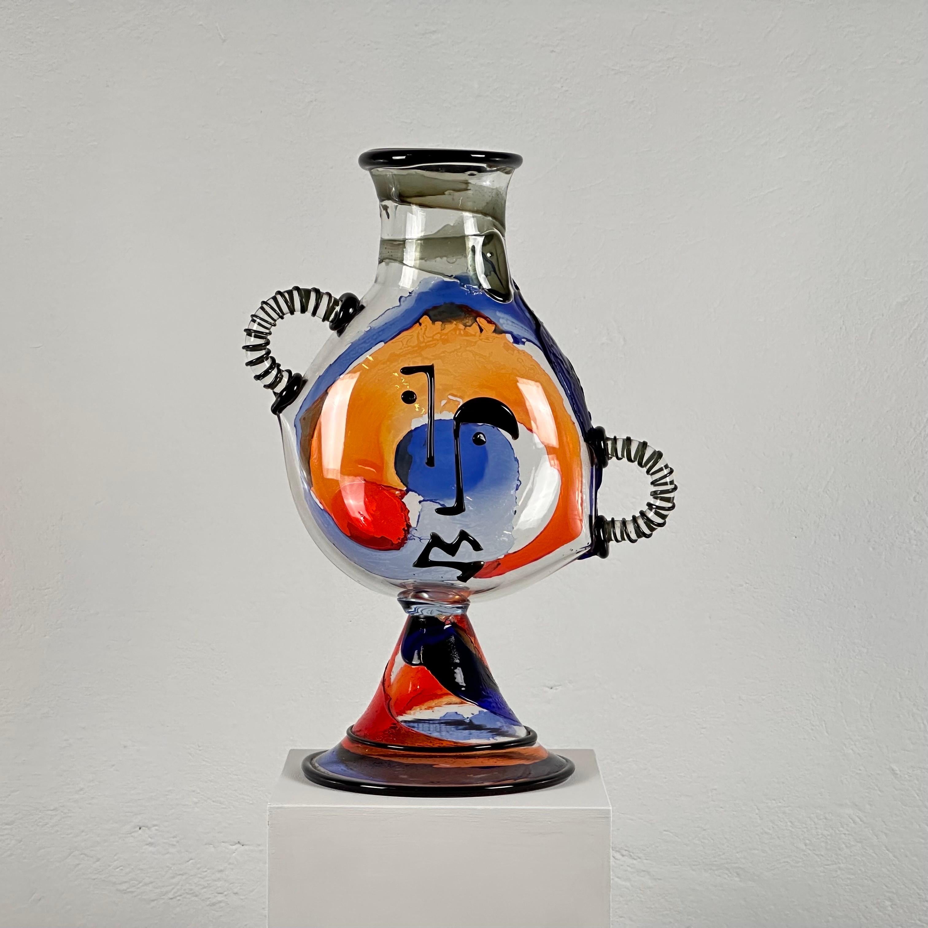 Signed Mario Badioli Picasso's Face Big Vase in Murano Glass, 1990s 1