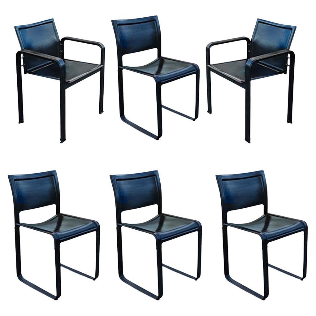 Signed Matteo Grassi Set of Six Black Leather Chairs 2 Armchairs 4 Side Chairs