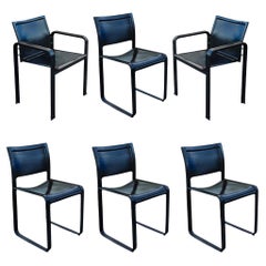 Signed Matteo Grassi Set of Six Black Leather Chairs 2 Armchairs 4 Side Chairs