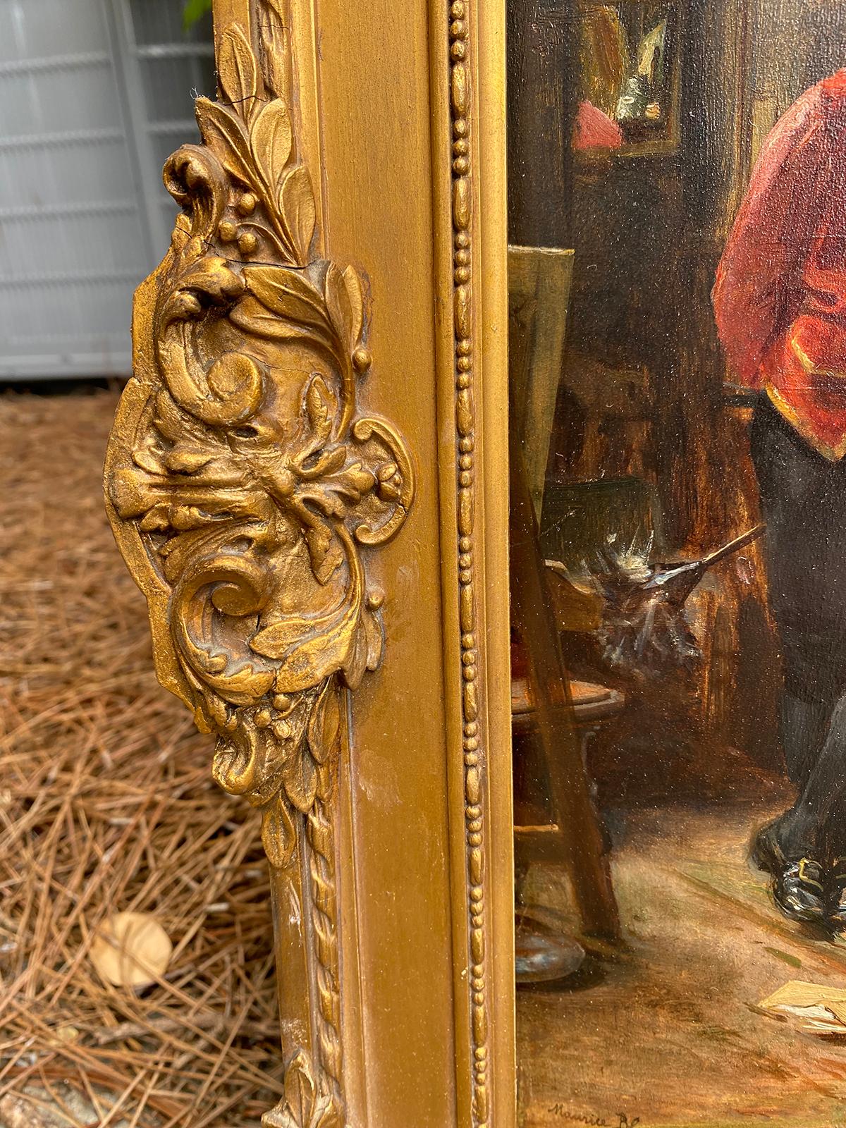 Giltwood Signed Maurice Blum 'France 1832-1909' Oil Painting on Wood Panel of Butler For Sale