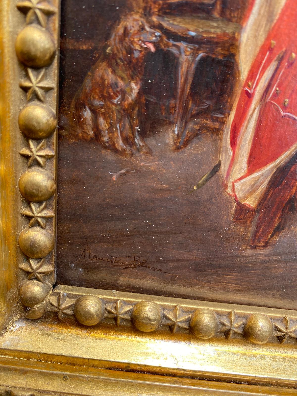 Signed Maurice Blum (France 1832-1909) oil painting on wood panel of red coats men in discussion, giltwood frame.