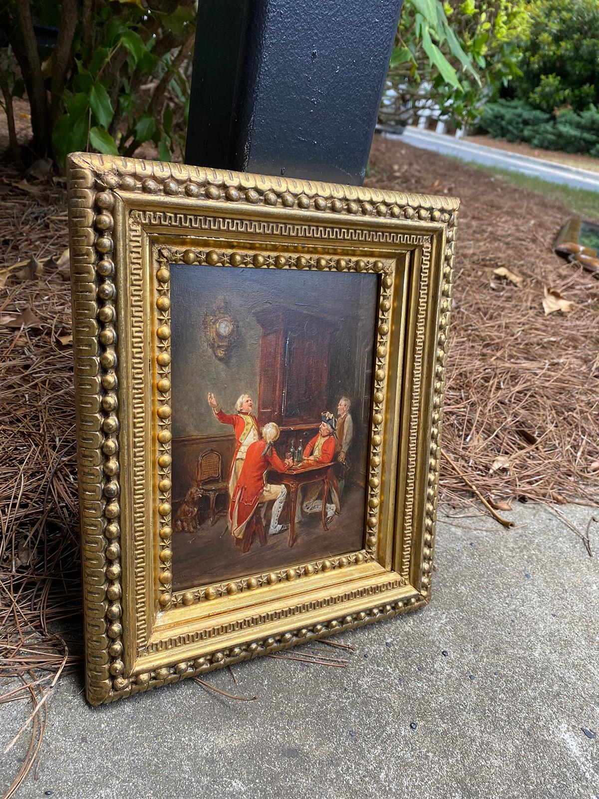 French Signed Maurice Blum Oil Painting on Wood Panel of Red Coats Men in Discussion For Sale