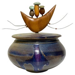 Signed McWhorter Sculptural Art Pottery Covered Vessel with Surreal Wood Finial