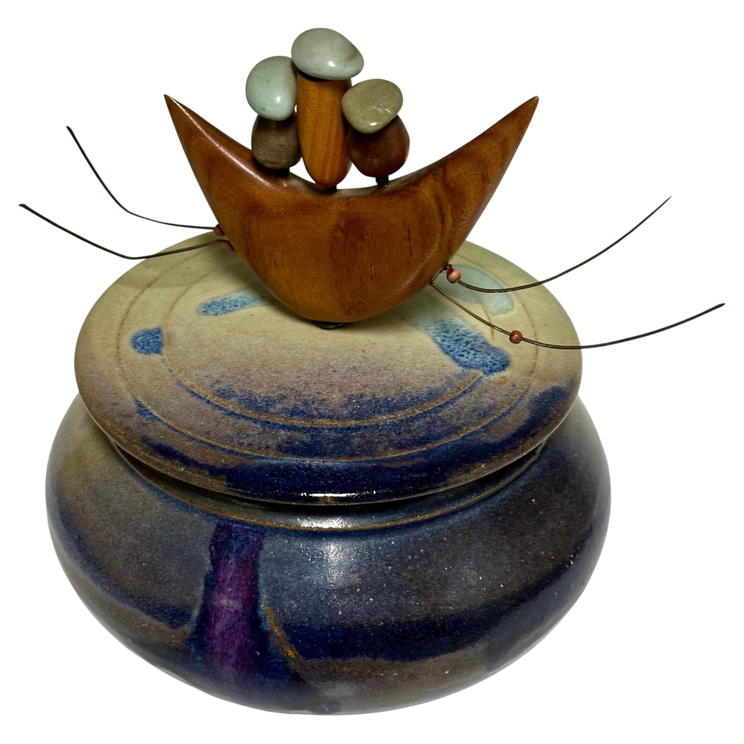 Signed McWhorter Sculptural Art Pottery Covered Vessel with Surreal Wood Finial For Sale