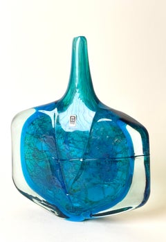 Vaso firmato Mdina Glass Studio, Malta 1980, scultura da collezione blu-verde