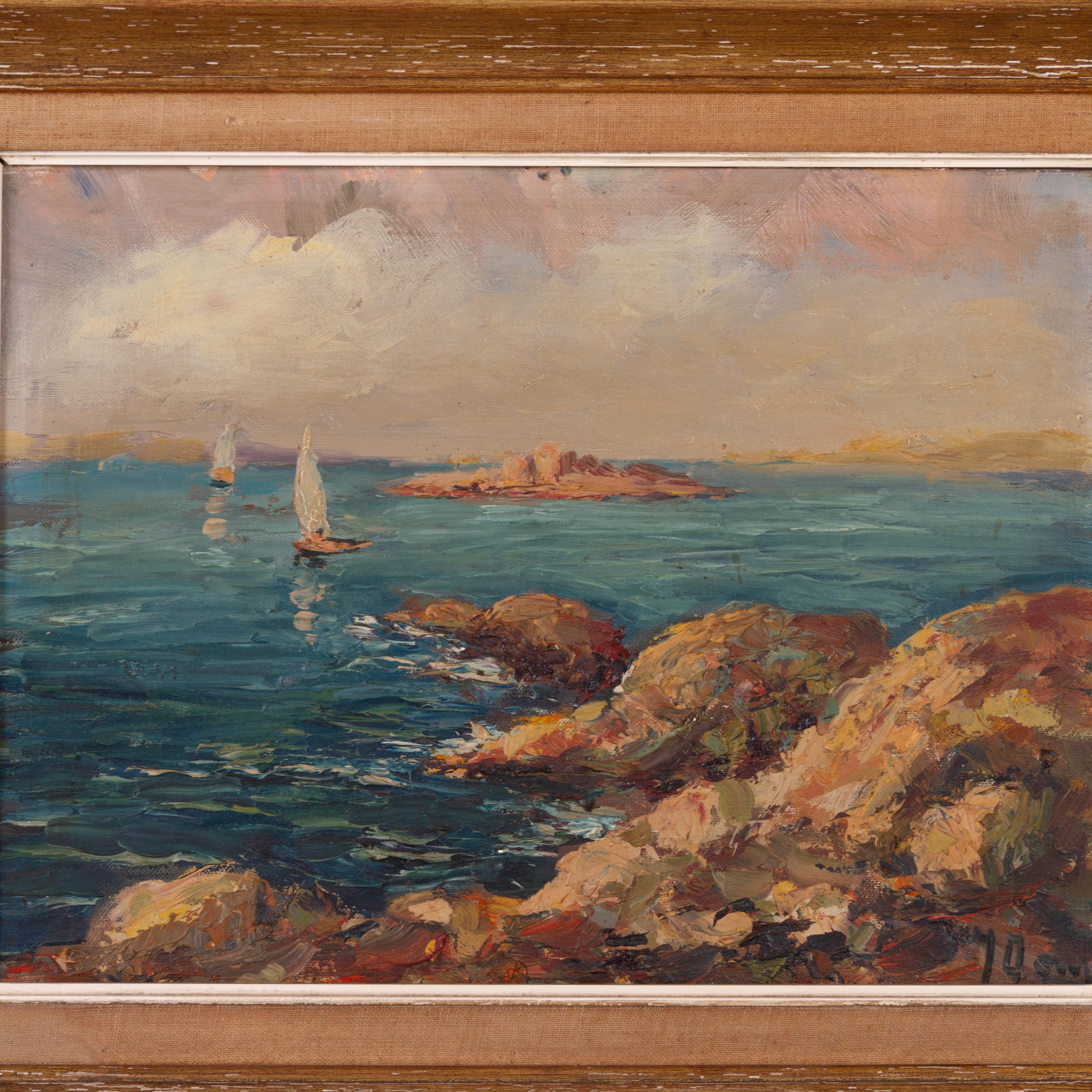 In good condition
From a private collection
Free international shipping
Signed Mediterranean Coastal Boating Scene Oil Painting 
