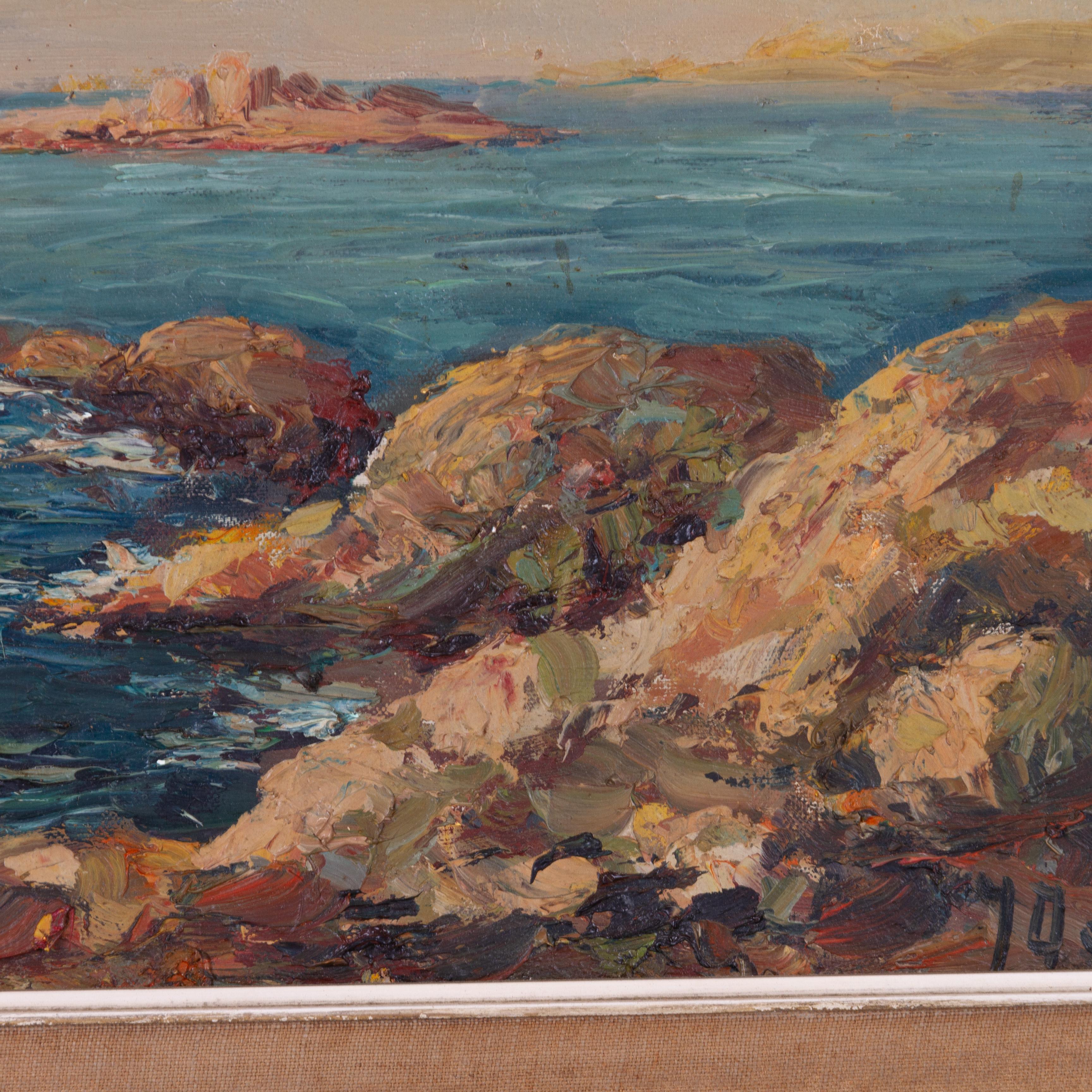20th Century Signed Mediterranean Coastal Boating Scene Oil Painting 