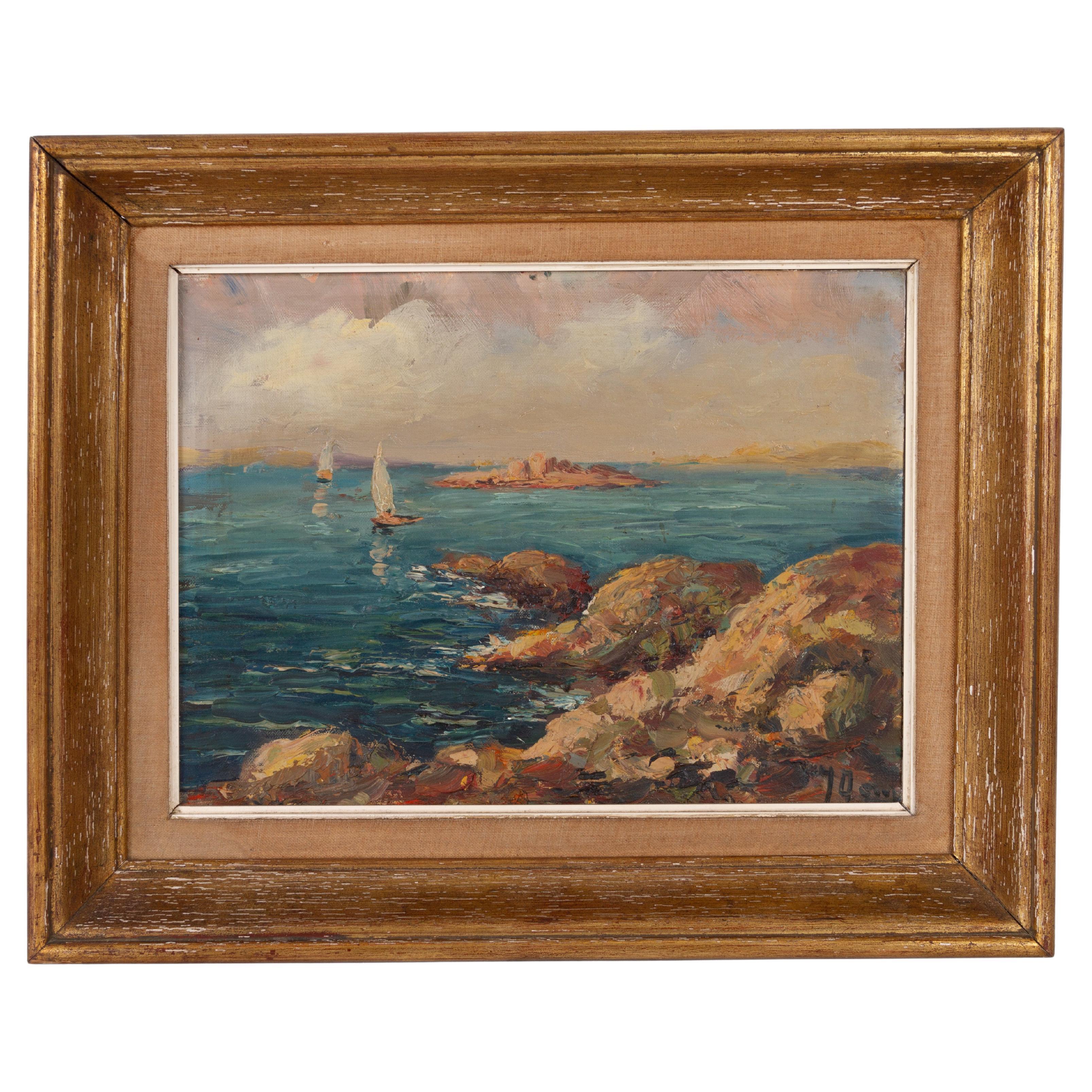 Signed Mediterranean Coastal Boating Scene Oil Painting  For Sale
