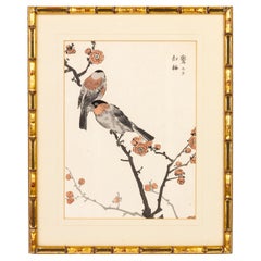 Antique Signed Meiji Japanese Woodblock Print Birds with Blossoms
