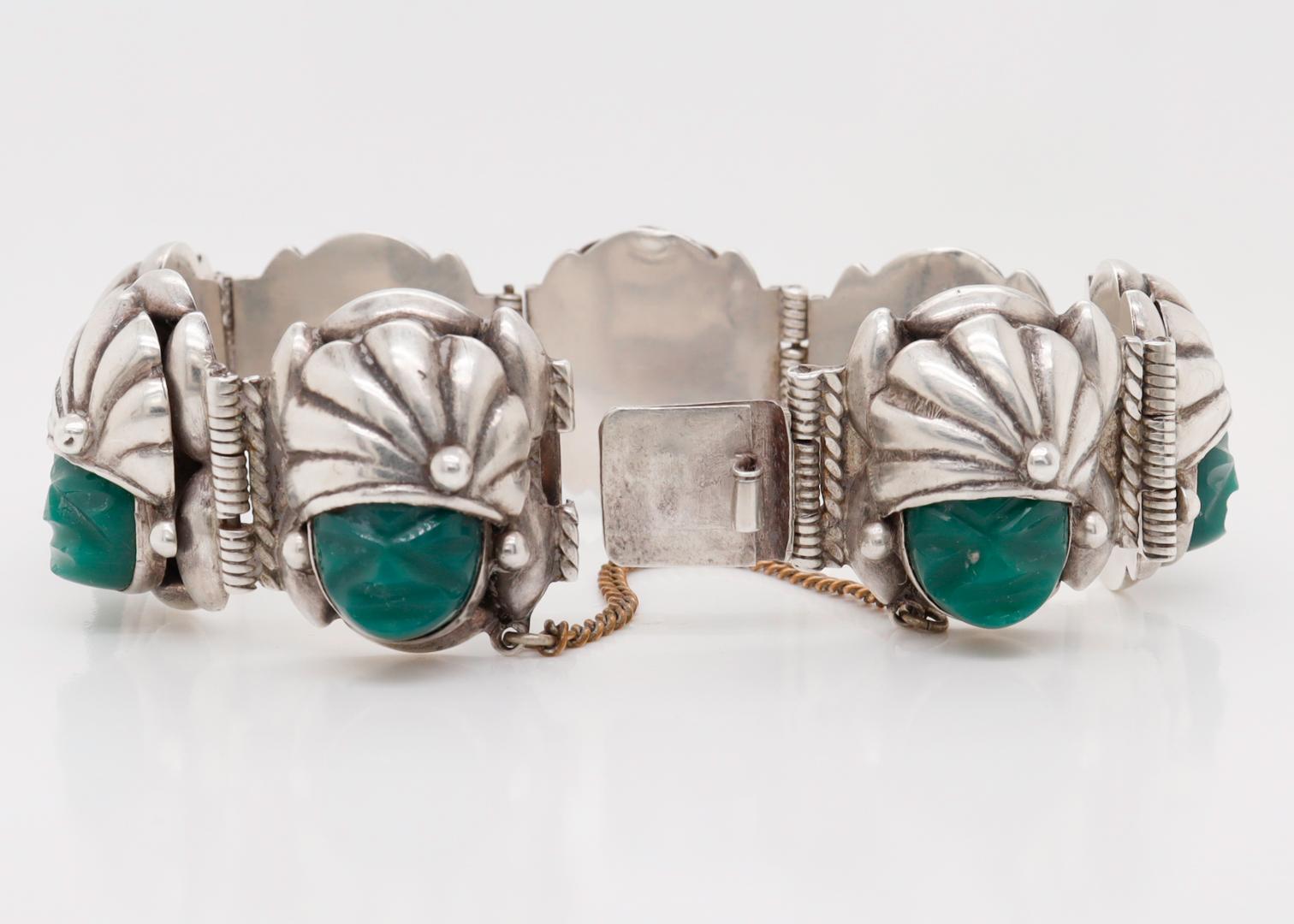 Signed Mexican Sterling Silver & Green Glass Aztec Link Bracelet by de la Parra For Sale 3