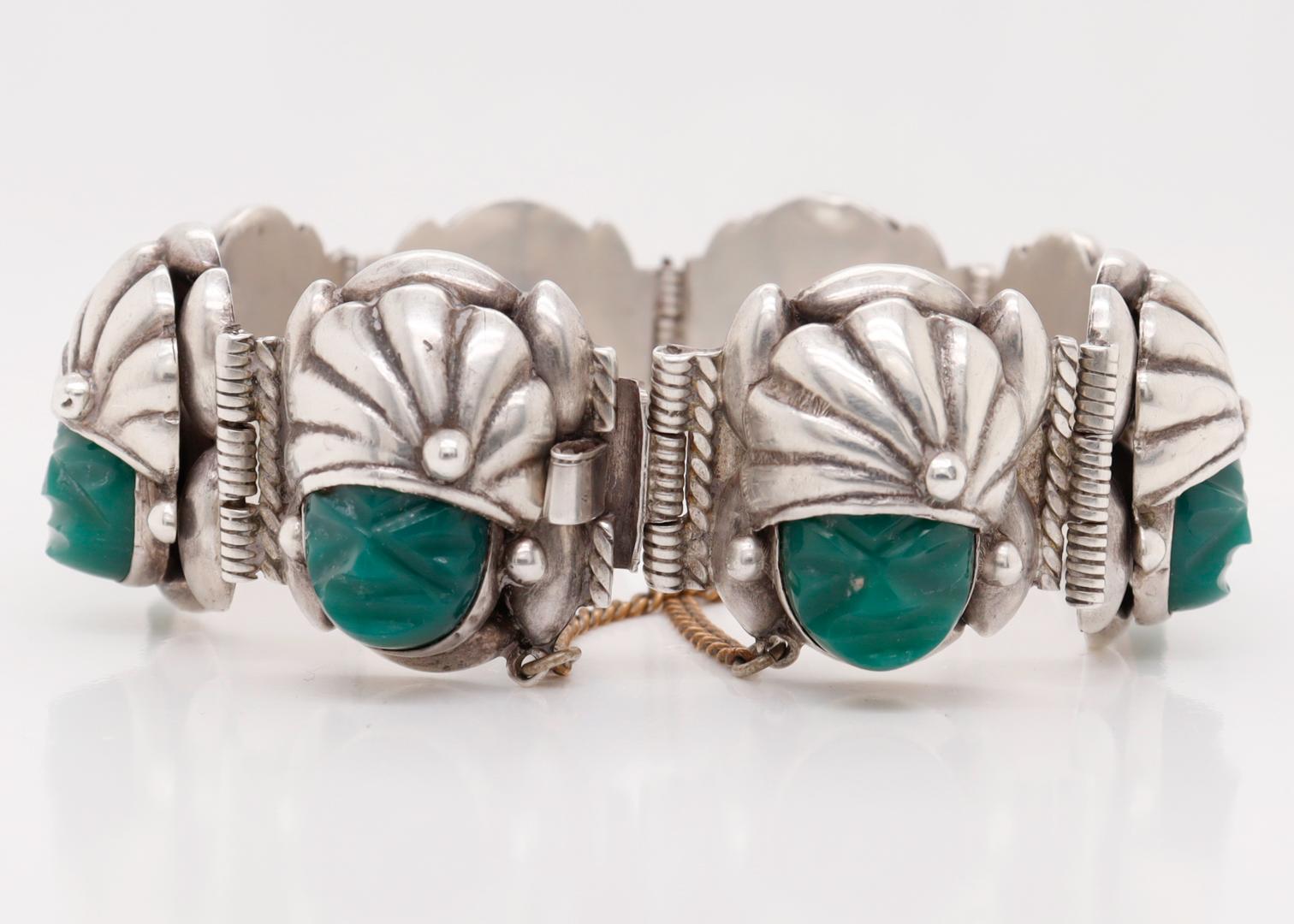 Modern Signed Mexican Sterling Silver & Green Glass Aztec Link Bracelet by de la Parra For Sale