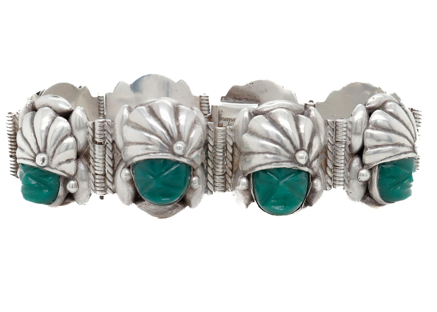 Women's Signed Mexican Sterling Silver & Green Glass Aztec Link Bracelet by de la Parra For Sale