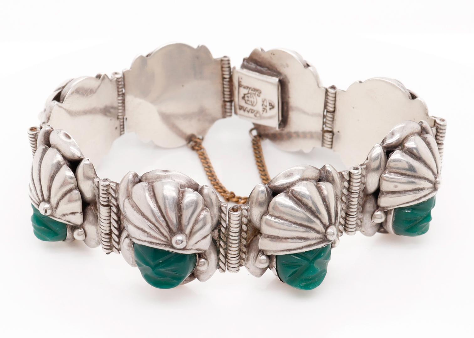 Signed Mexican Sterling Silver & Green Glass Aztec Link Bracelet by de la Parra For Sale 1