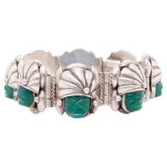 Vintage Signed Mexican Sterling Silver & Green Glass Aztec Link Bracelet by de la Parra
