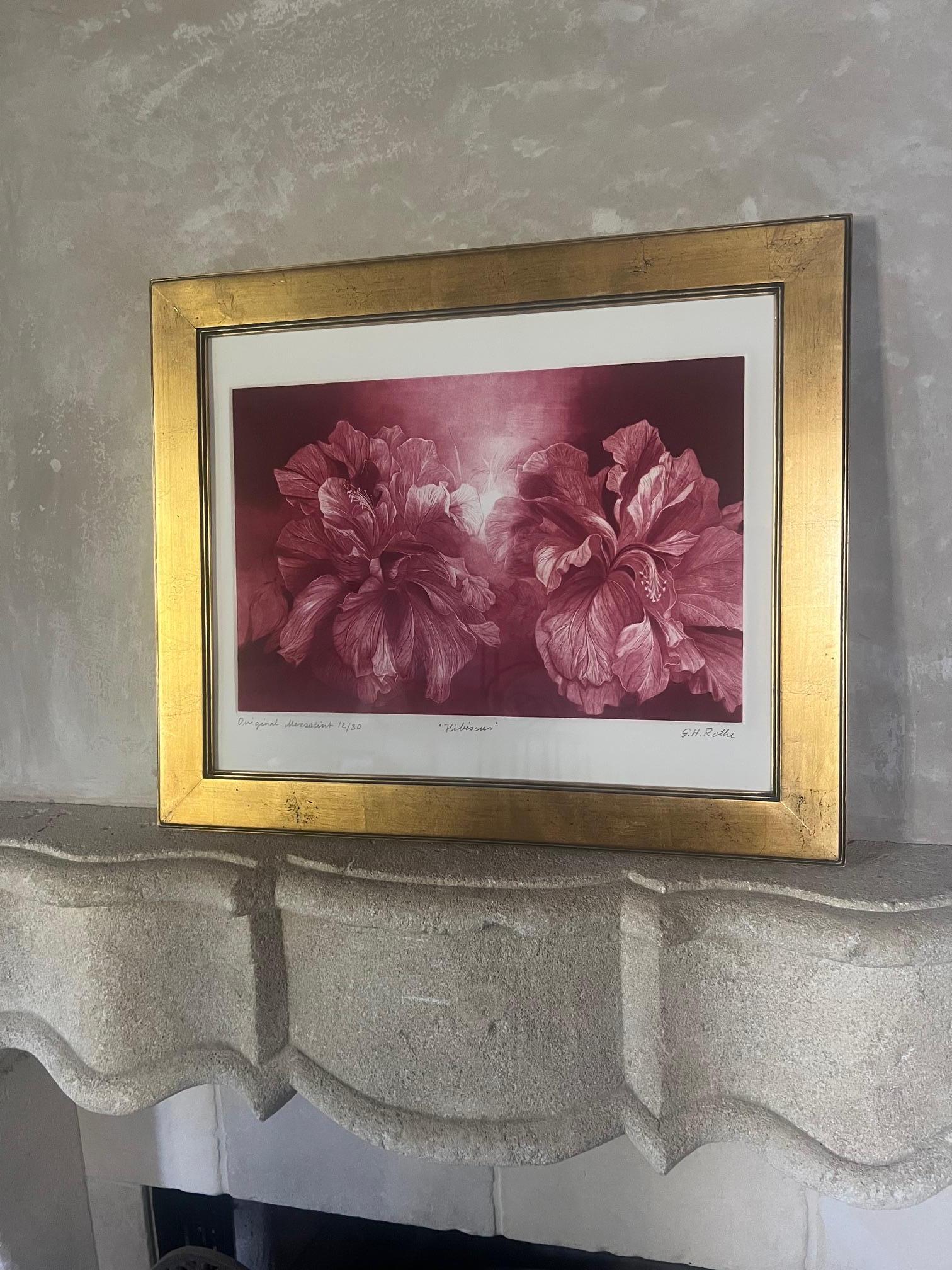 Gatja Helgart (G.H.) Rothe (1935-2007) Mezzotint titled Hibiscus, signed lower right, numbered 12/30.

Professionally framed and ready to hang, mezzotint by sight measures 15.6h x 119.6w

G.H. Rothe was known as a master of  mezzotinting, a