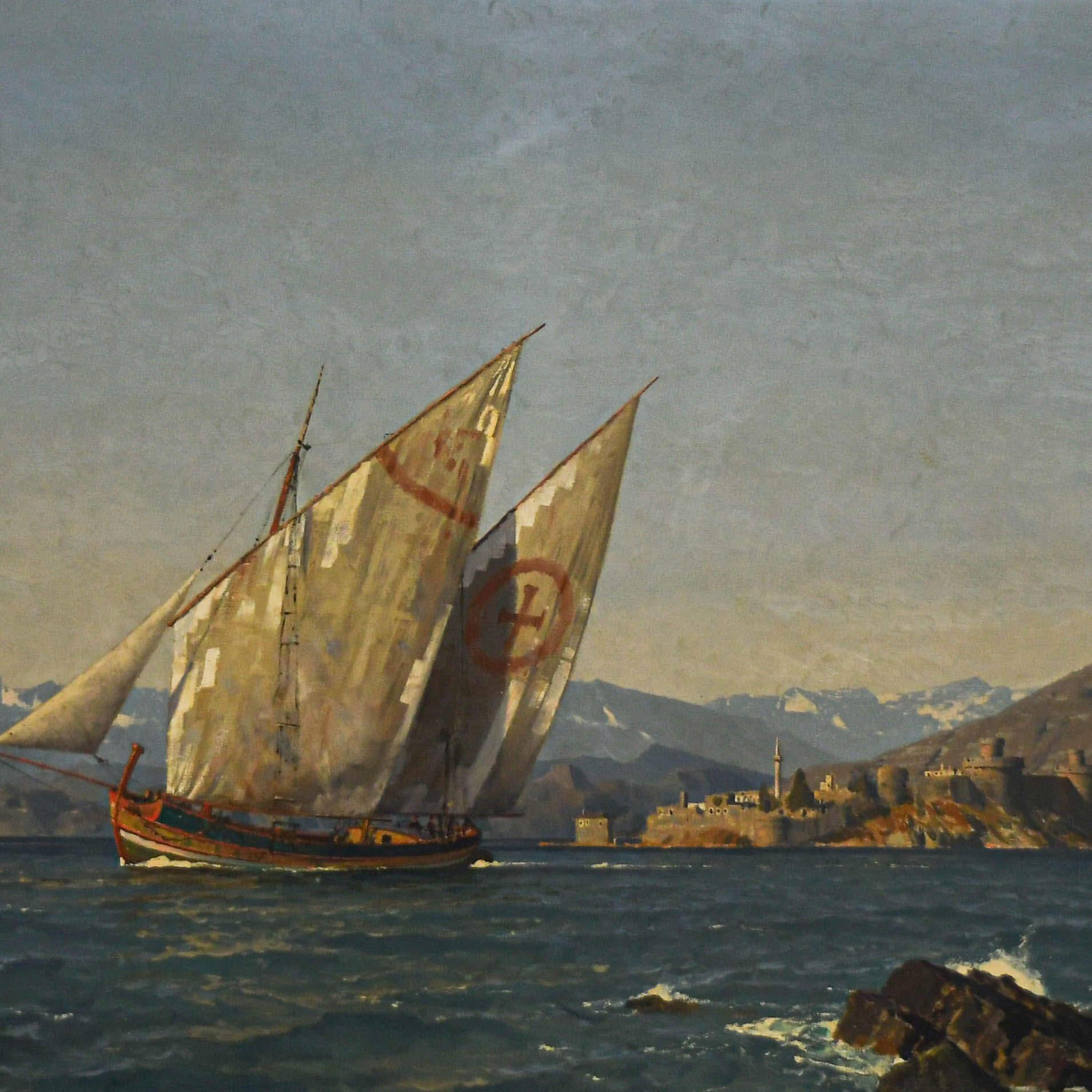 Evocative and masterfully composed, this original oil on canvas by Michael Zeno Diemer (1867-1939) captures a tranquil yet majestic moment on Skutari Lake, the largest lake in the Balkans, situated between modern-day Albania and Montenegro. Under