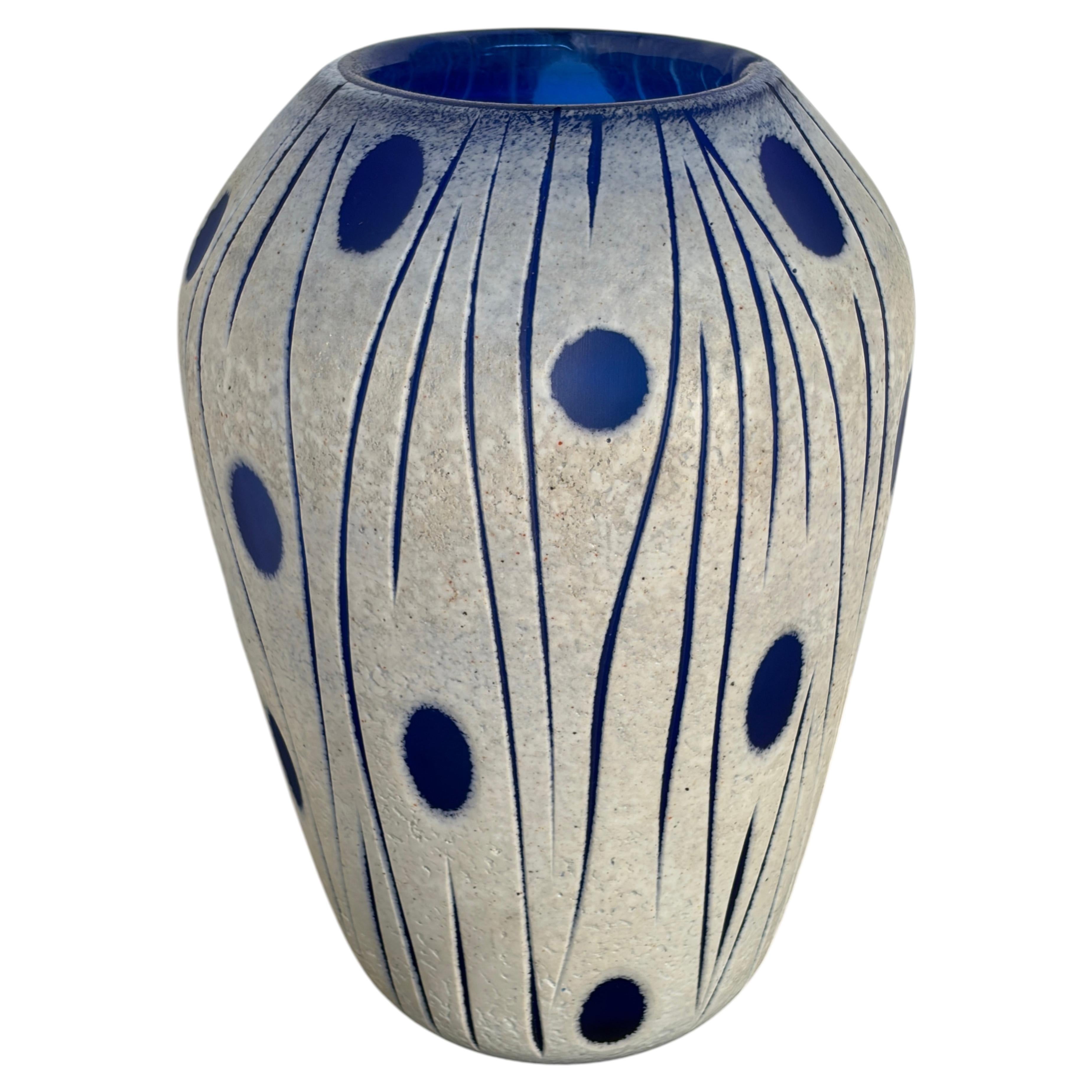 Signed Michele Murano Blue and White Art Glass Vase with Incised Decoration For Sale