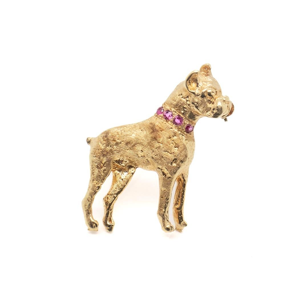 Modern Signed Mid-Century 14K Gold & Ruby Boxer Dog Pin or Brooch For Sale