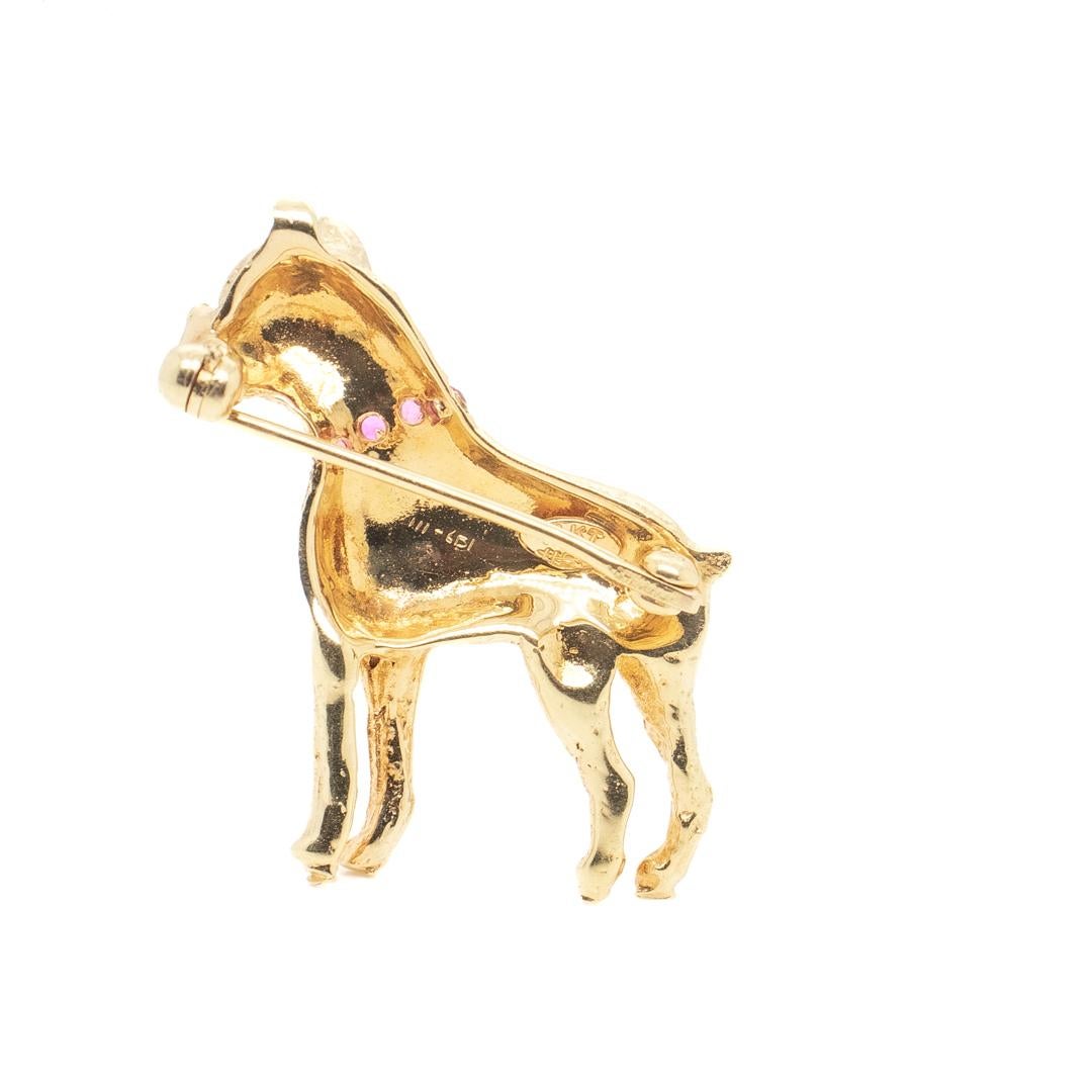 Round Cut Signed Mid-Century 14K Gold & Ruby Boxer Dog Pin or Brooch For Sale