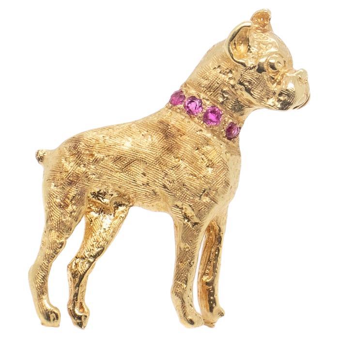 Signed Mid-Century 14K Gold & Ruby Boxer Dog Pin or Brooch