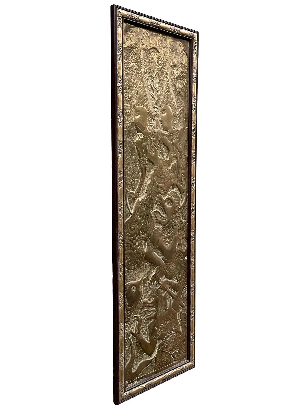 A brass wall sculpture circa 1960's most likely from Cambodia. Comes signed and with framed. Free continental USA shipping available.