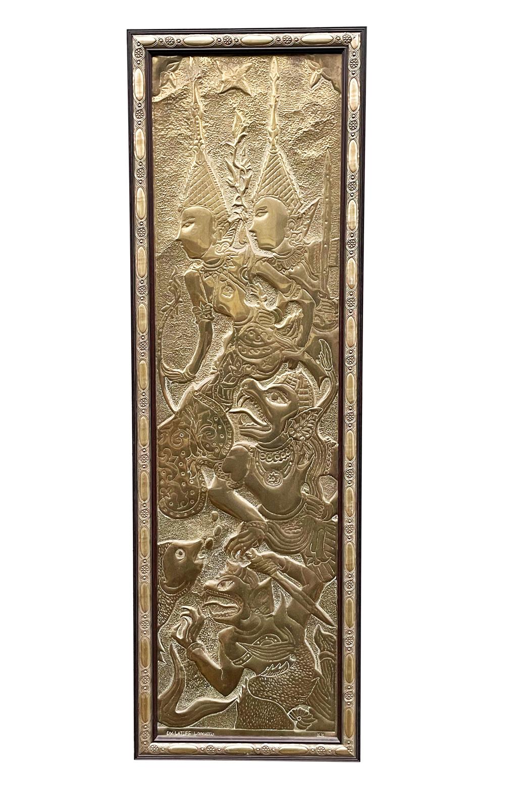 Cambodian Signed Mid-Century Asian Modern Brass Sculpture Wall Plaque After Kelvin Laverne For Sale