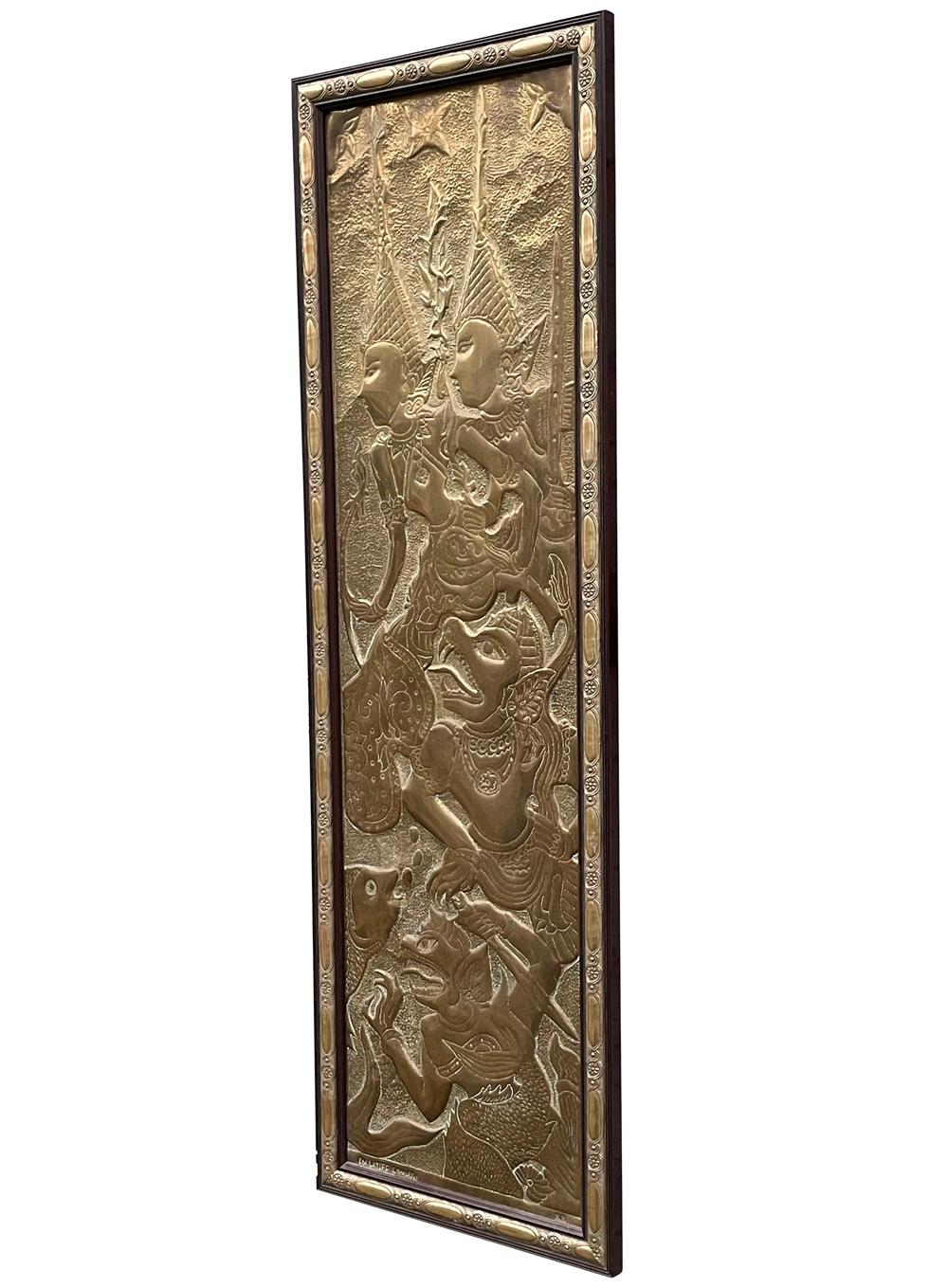 Signed Mid-Century Asian Modern Brass Sculpture Wall Plaque After Kelvin Laverne In Good Condition For Sale In Philadelphia, PA