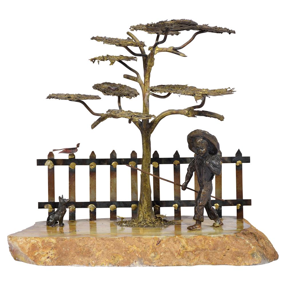 Explore the world of Brutalist art with our extraordinary sculpture, a signed masterpiece meticulously handcrafted out of brass. This stunning piece portrays a captivating scene of a boy shepherding a dog, crafted with immense attention to detail.