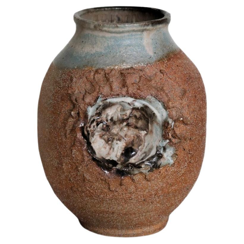 Signed Mid-Century Brutalist Stoneware Vase For Sale