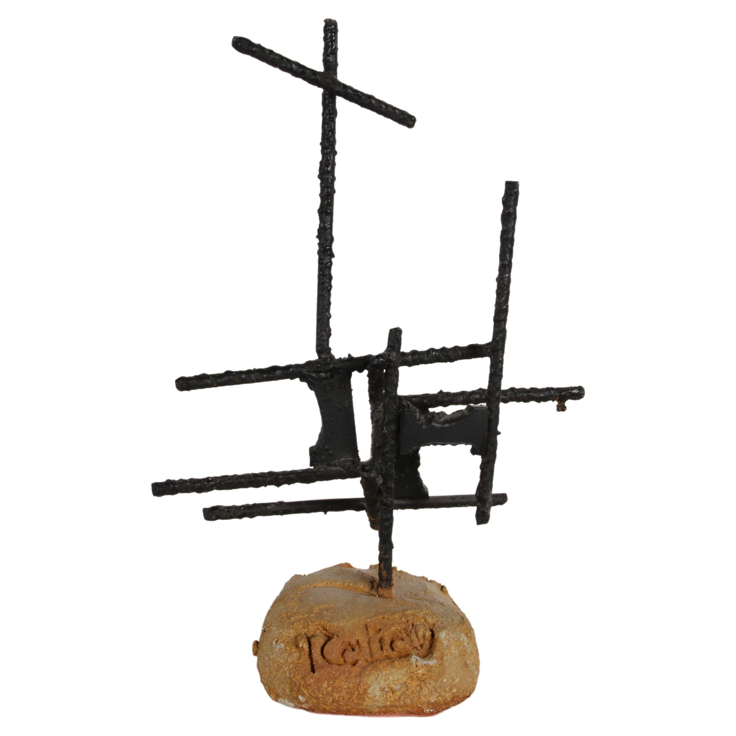 Signed Mid-Century Brutalist Welded Iron Rebar Abstract Sculpture, circa 1960s For Sale