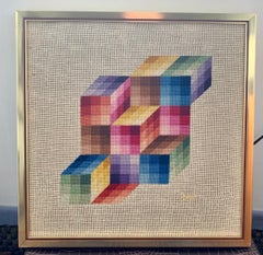 Signed Midcentury Cubist Chevron Textile Tapestry Framed Art