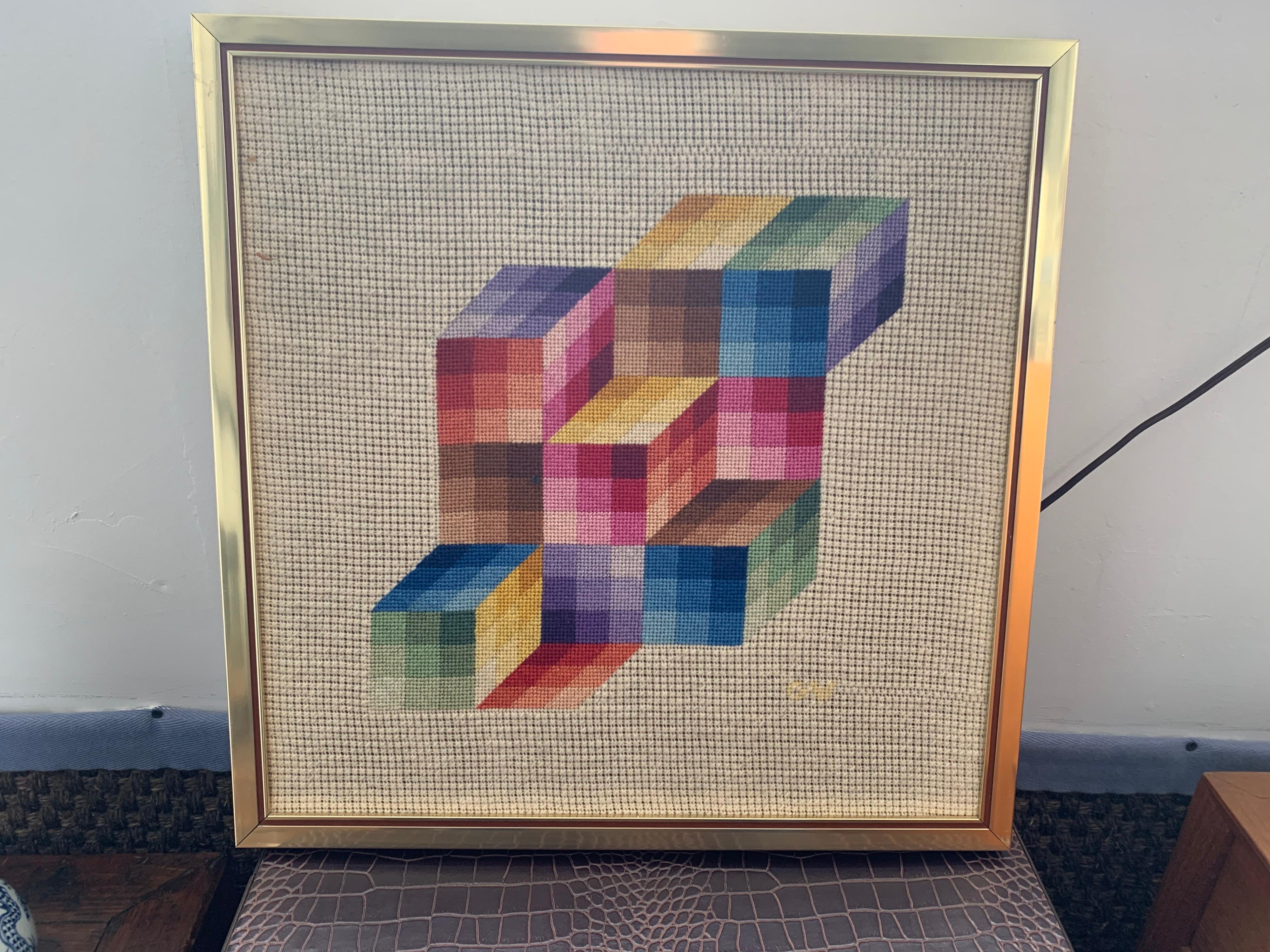 Mid-Century Modern Signed Midcentury Cubist Chevron Textile Tapestry Framed Art