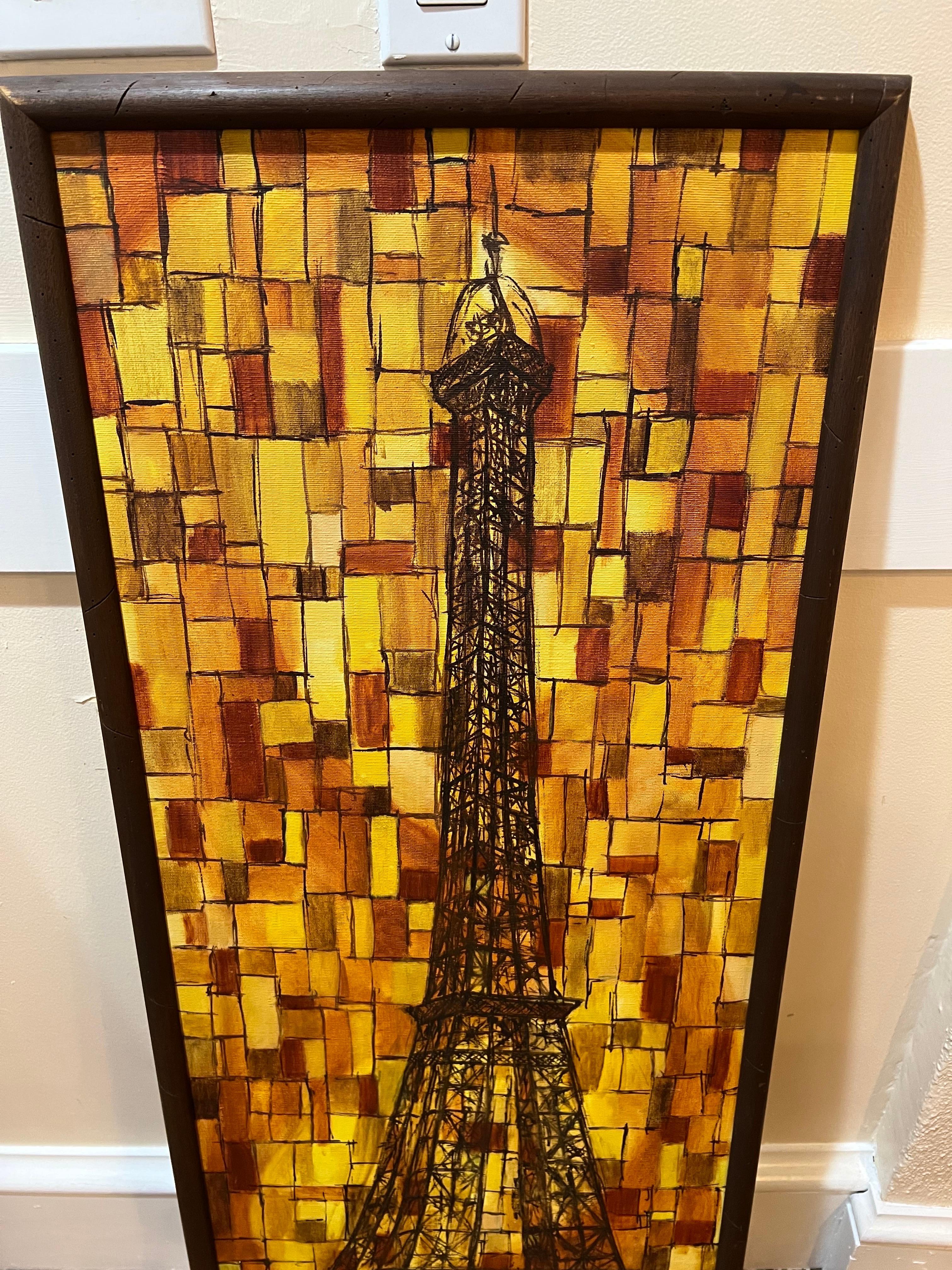 Signed Mid Century Eiffel Tower painting by Joseph L. Klein III. Fabulous composition of the Eiffel tower in orange and brown tones. Cubist in style with its checkered patterns. Please confirm dimensions prior to purchase. This item can parcel ship