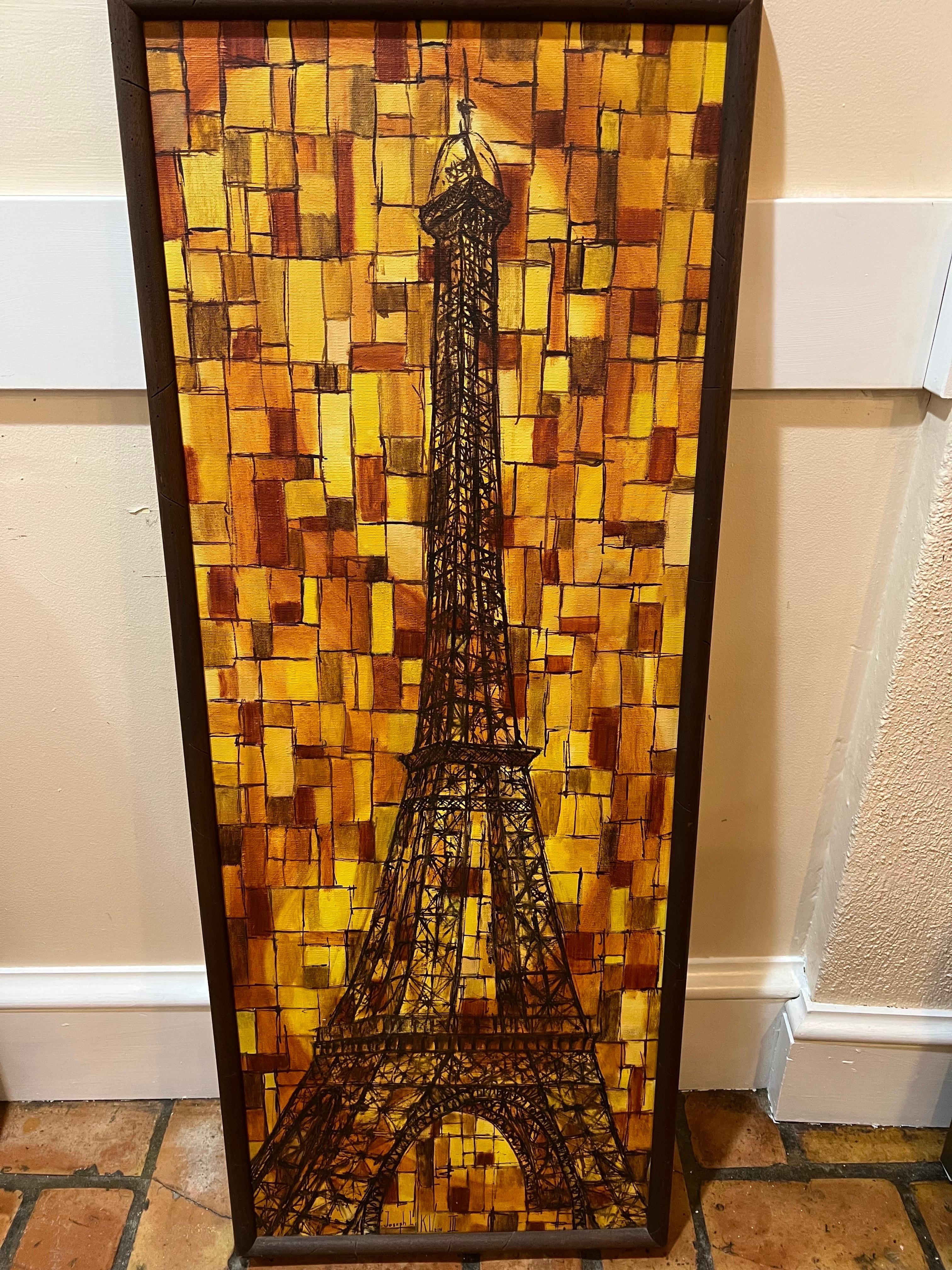 Signed Mid Century Eiffel Tower Painting by Joseph L. Klein  In Good Condition For Sale In Redding, CT