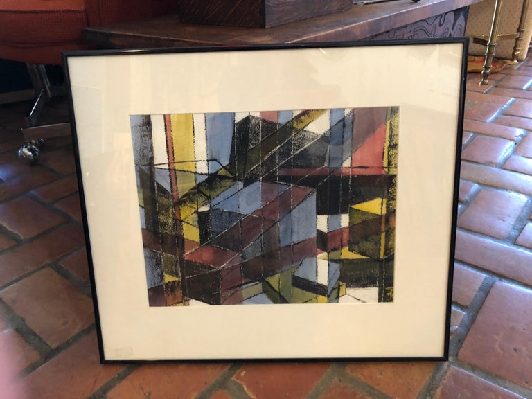 Signed Mid Century geometric abstract original pastel by Margaret Ware. Nice primary colored geometric abstract piece. Very 1980's in design. This item ships parcel for $45