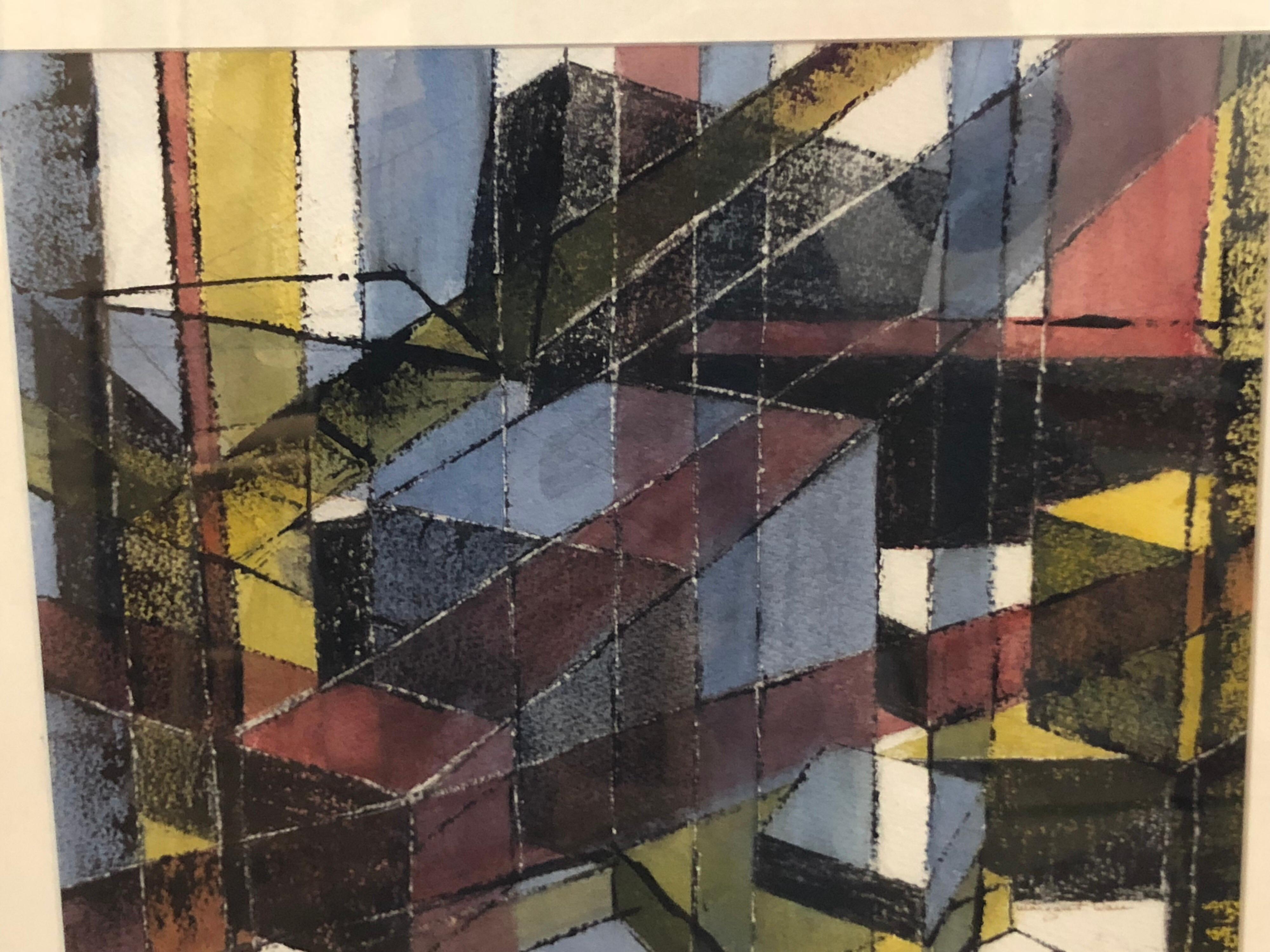 Signed Mid Century Geometric Abstract Original Pastel In Good Condition In Redding, CT