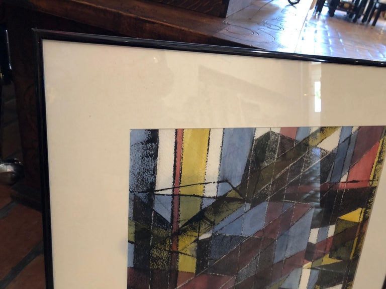 Glass Signed Mid Century Geometric Abstract Original Pastel For Sale