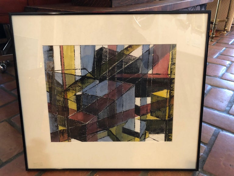Signed Mid Century Geometric Abstract Original Pastel For Sale 1