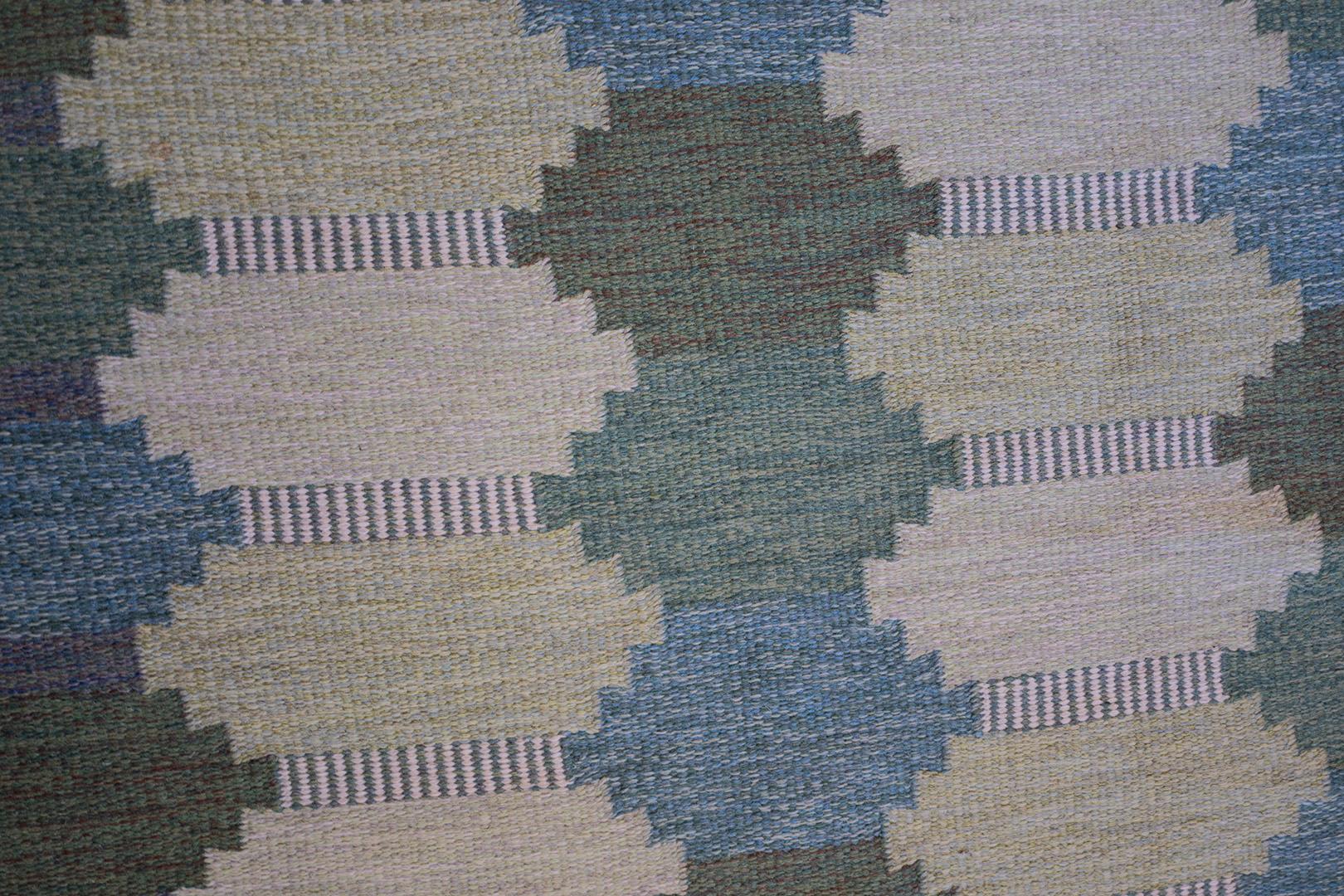 Hand-Woven Signed Ulla Parkdah Green Wool Mid-century Handwoven Swedish Flat-Weave Rug For Sale