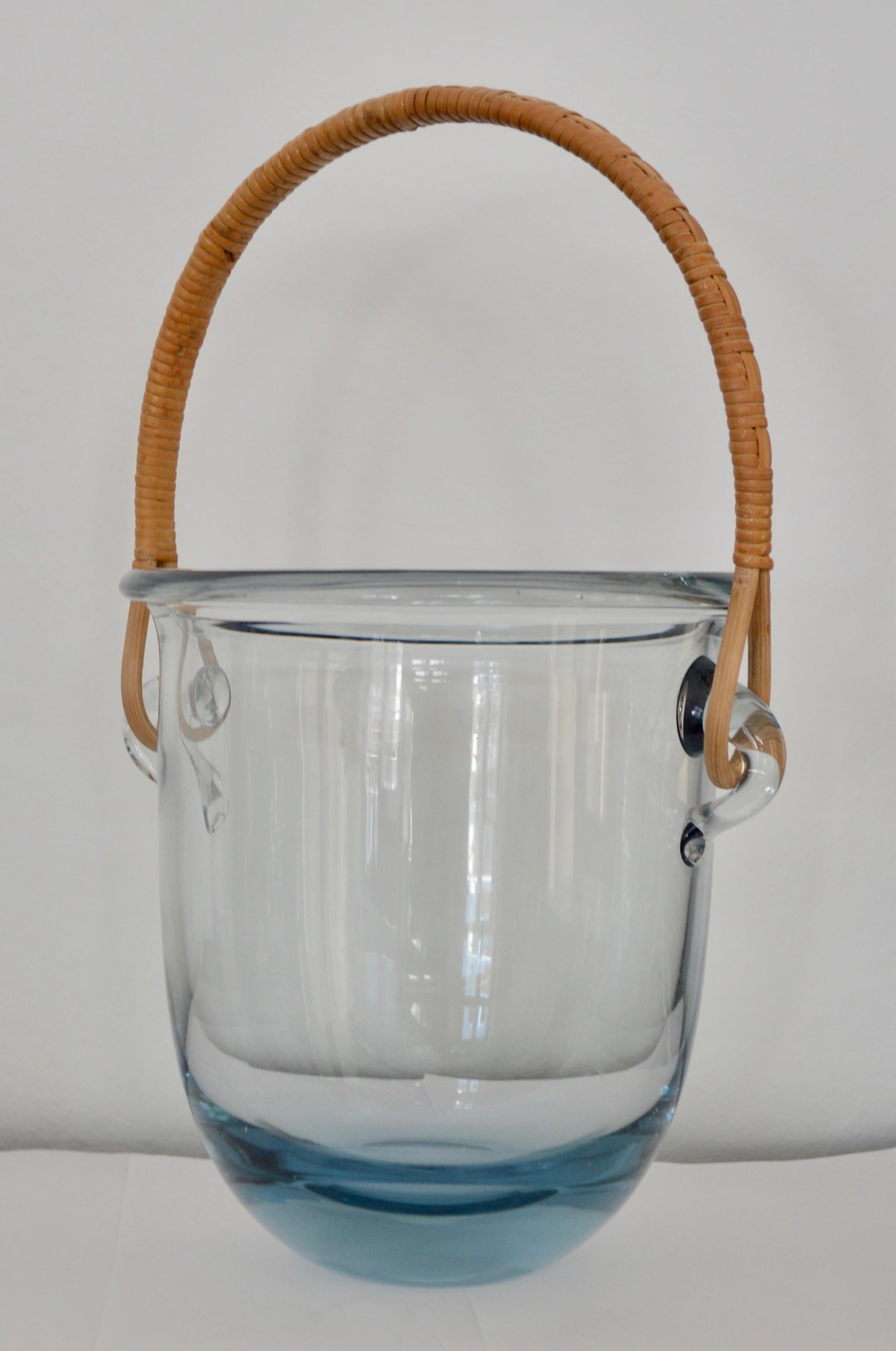Signed Mid Century Modern Holmegaard Glass Ice Bucket With Rattan Handle 4