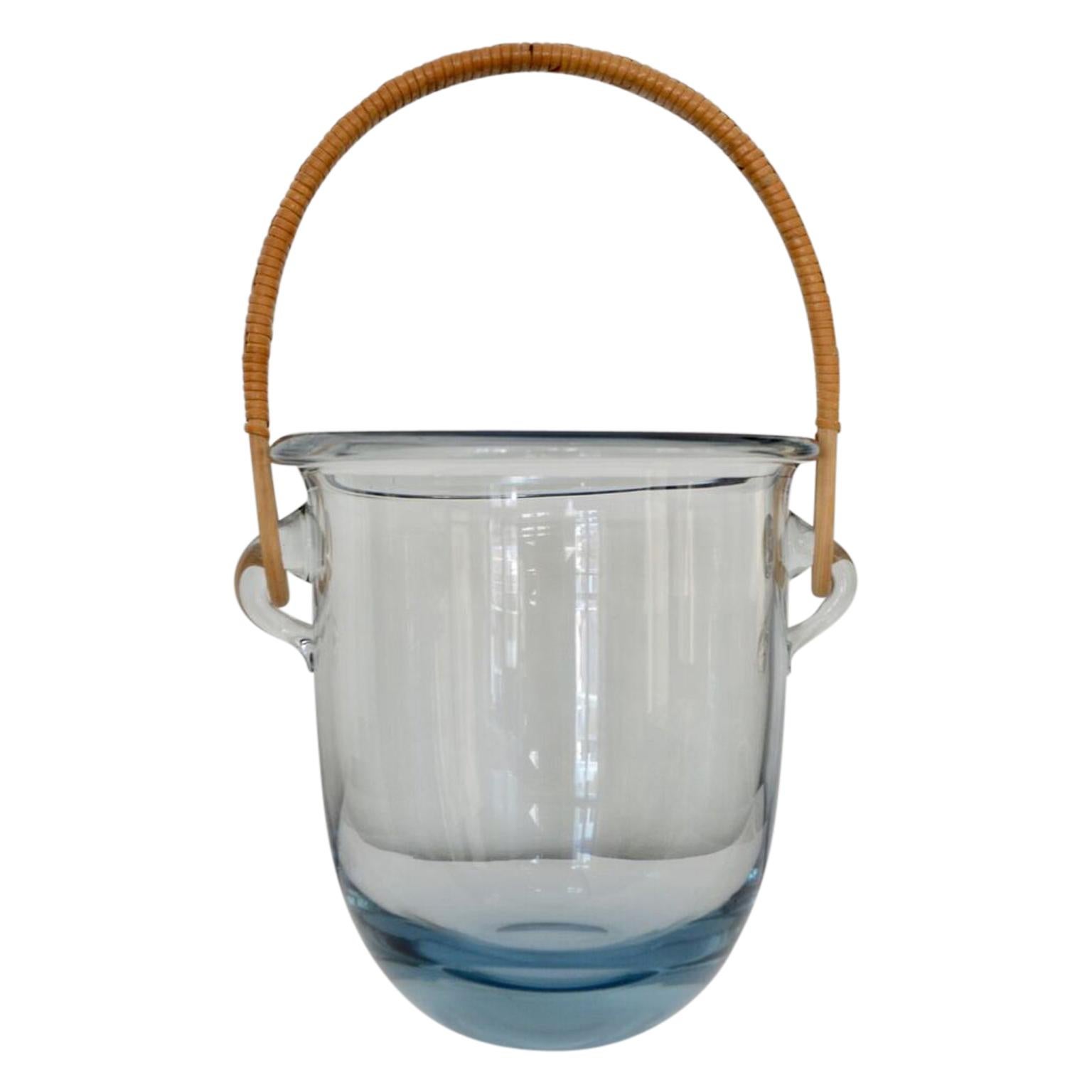 Mid-Century Modern Signed Mid Century Modern Holmegaard Glass Ice Bucket With Rattan Handle
