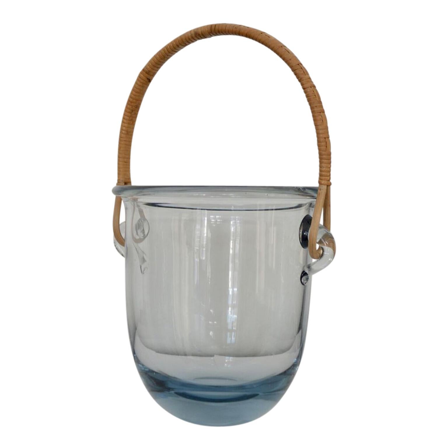 Danish Signed Mid Century Modern Holmegaard Glass Ice Bucket With Rattan Handle