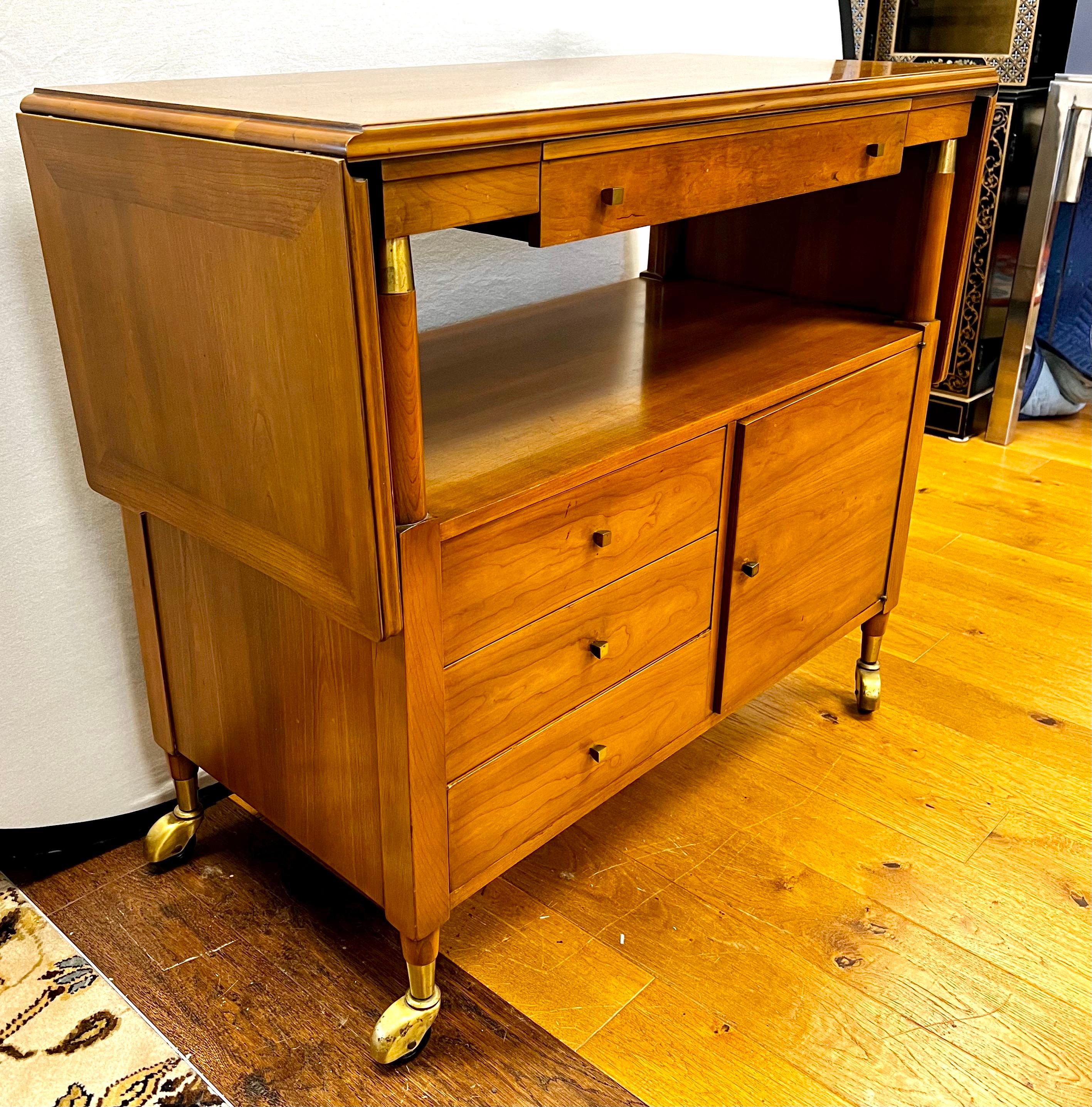 Brass Signed Mid Century John Widdicomb Drop Leaf Expandable Rolling Bar Cart Tea Cart For Sale