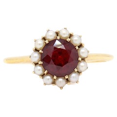 Anello firmato Mid-Century Jones & Woodland in oro 14K, granato e perle di mare