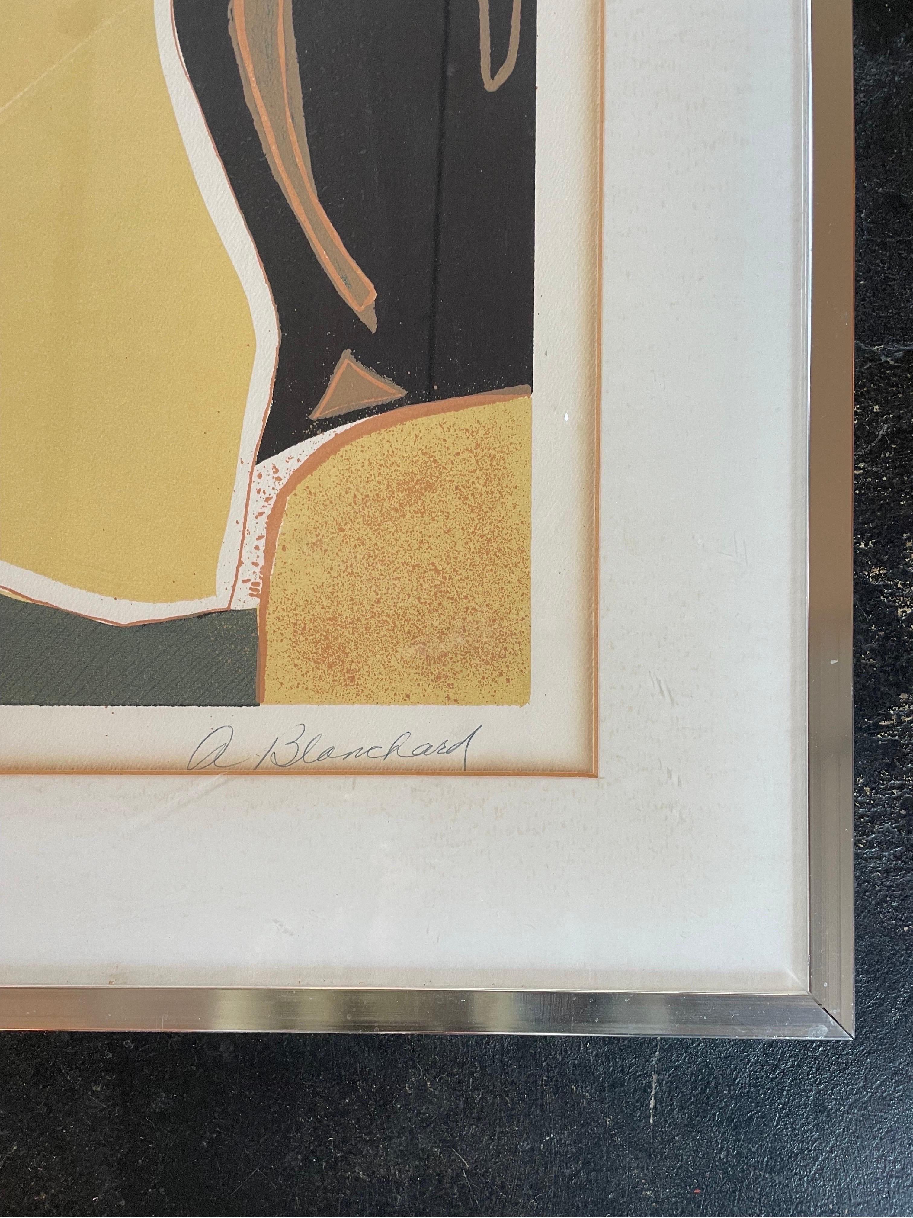 Vintage mid century abstract lithograph signed A. Blanchard. In excellent condition and encased beautifully in a silver frame.