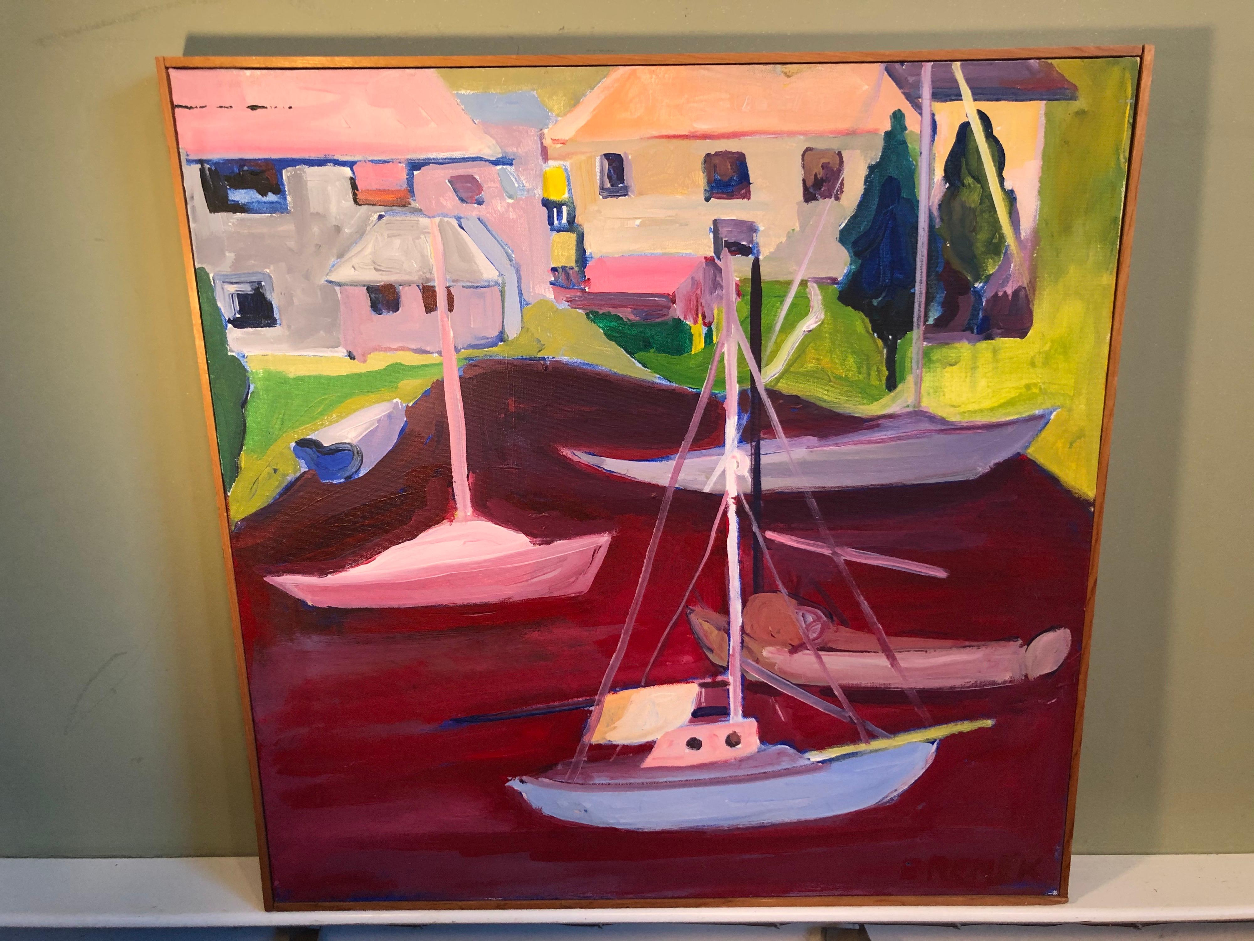 Signed Mid Century Modern Abstract of Sailboats 9