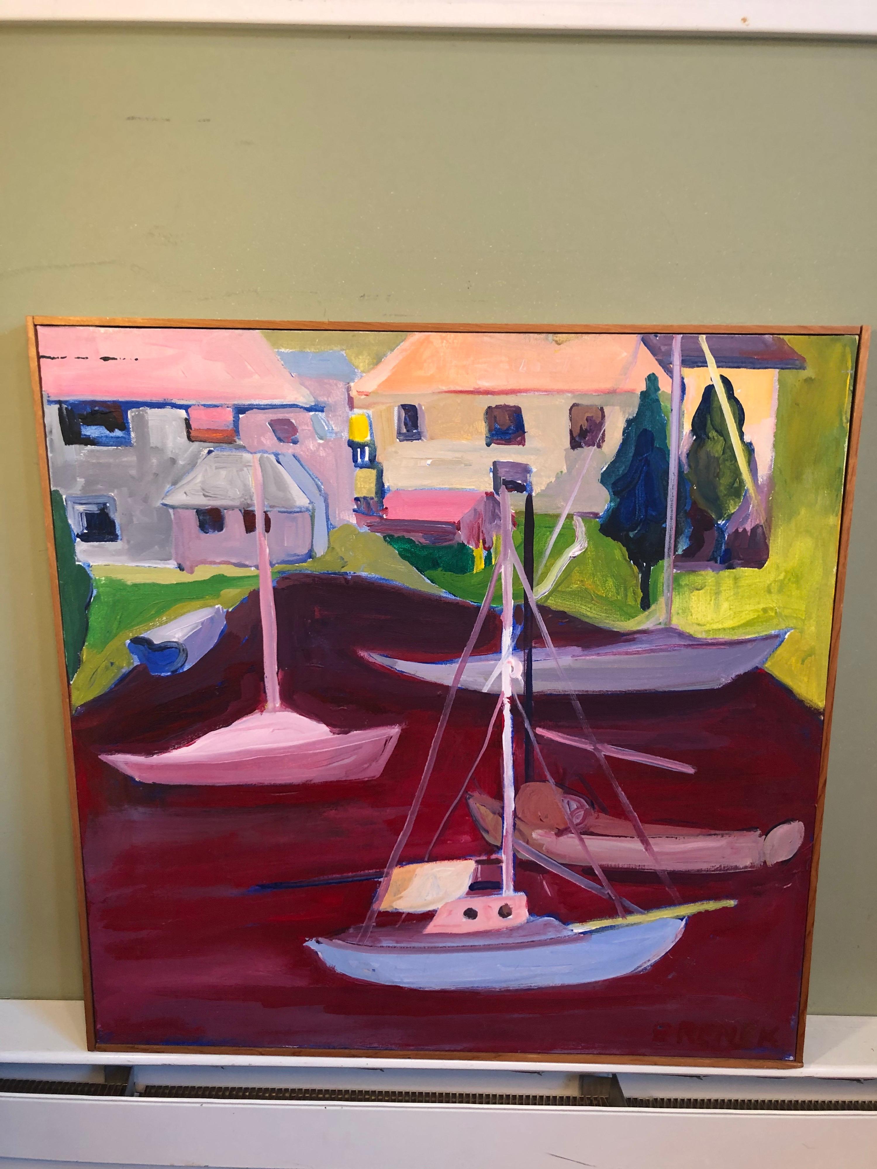 Signed Mid Century Modern abstract of sailboats. Signed by Silvermine Guild CT artist Ethel Renek. Entitled 